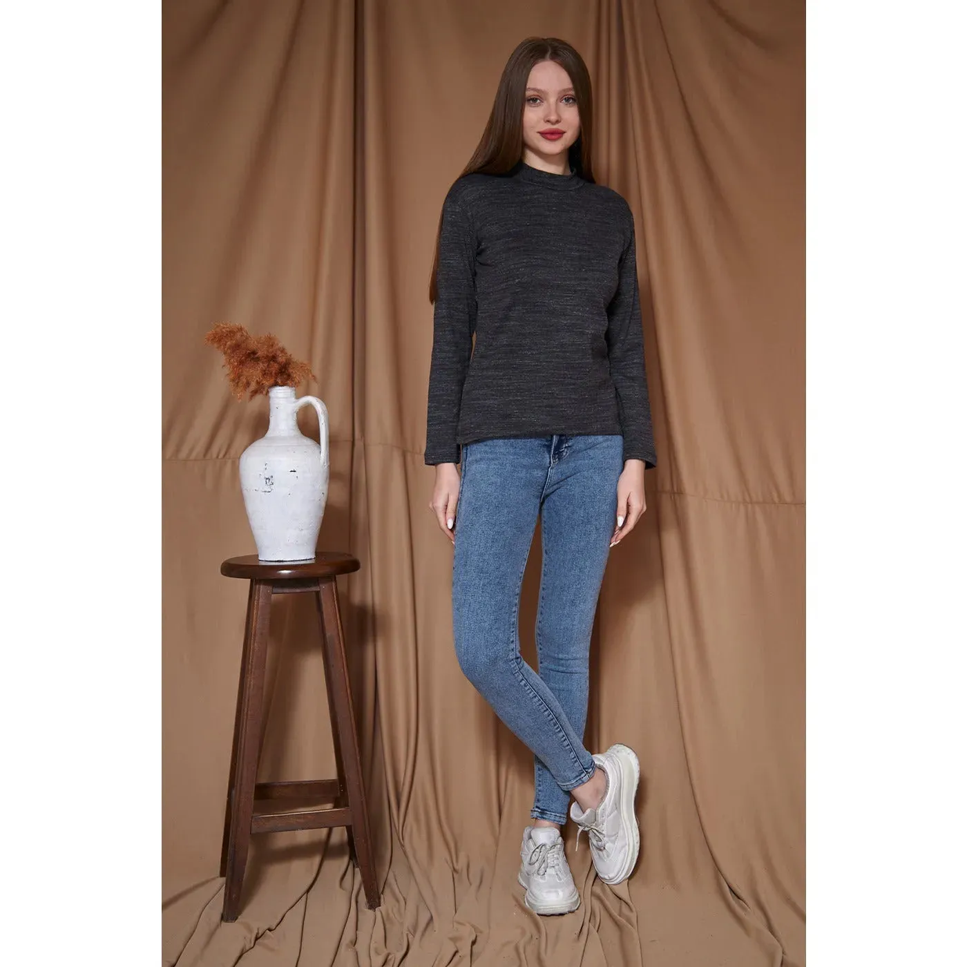 Black Melange Mock Neck Sweatshirt