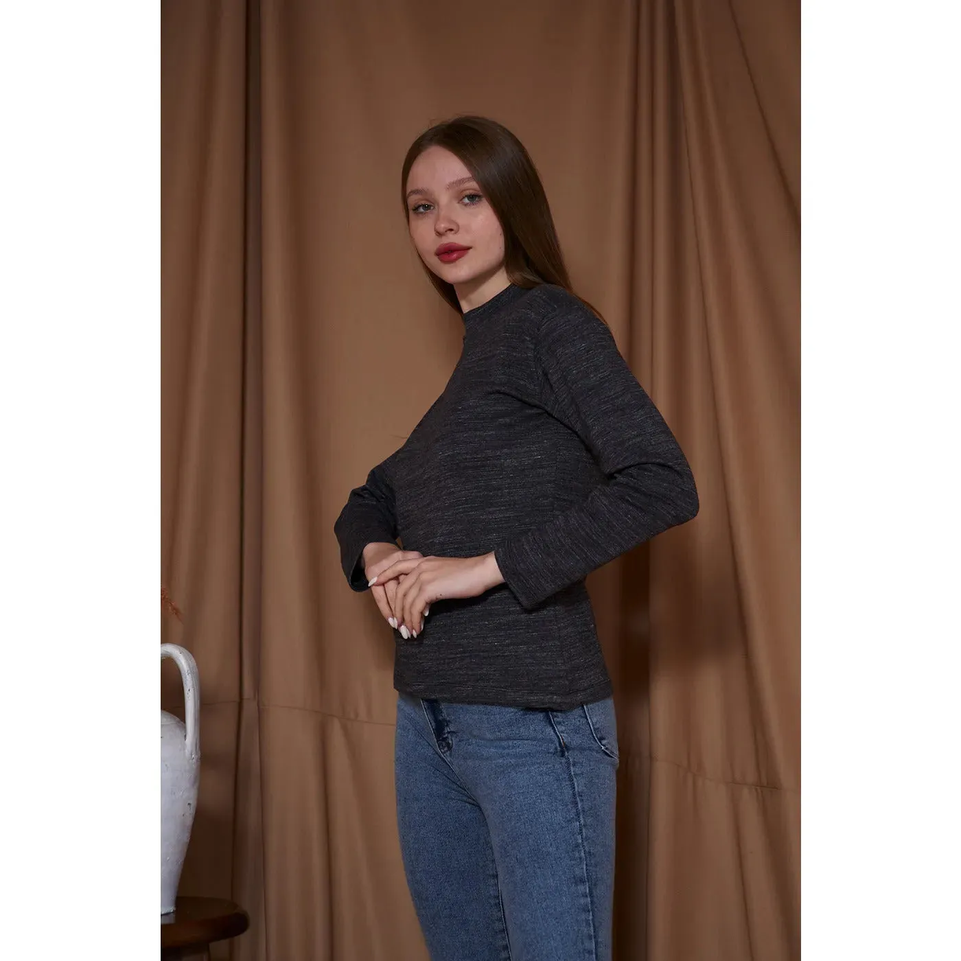 Black Melange Mock Neck Sweatshirt