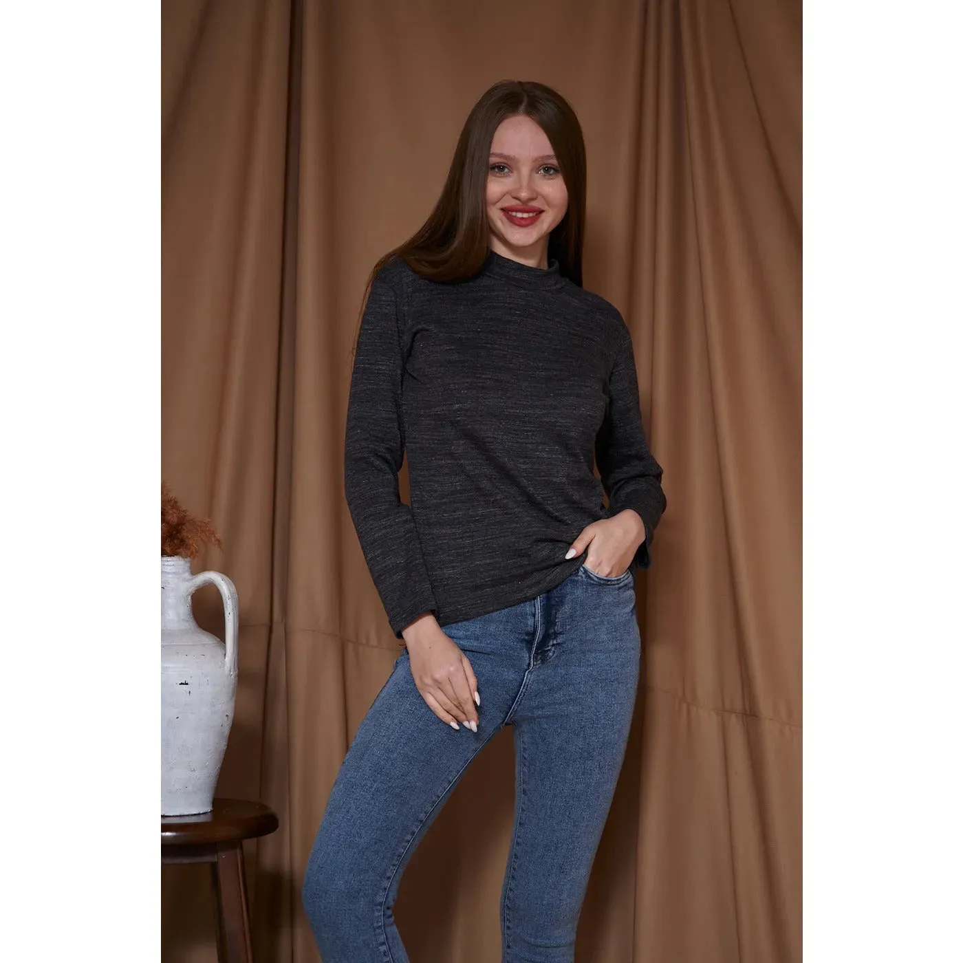 Black Melange Mock Neck Sweatshirt