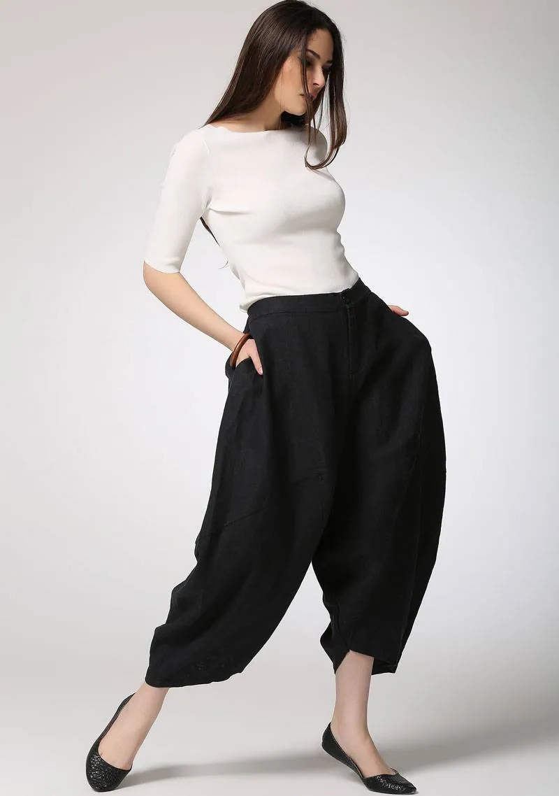 Black pants, linen pants, harem pants, plus size pants, black linen pants, pocket pants, loose pants, casual pants, linen harem pants C423