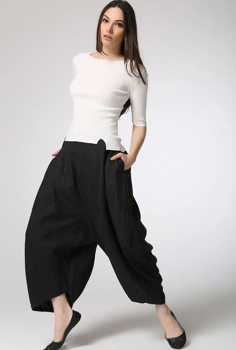 Black pants, linen pants, harem pants, plus size pants, black linen pants, pocket pants, loose pants, casual pants, linen harem pants C423