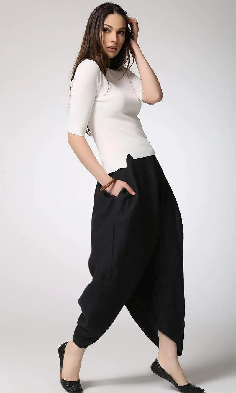 Black pants, linen pants, harem pants, plus size pants, black linen pants, pocket pants, loose pants, casual pants, linen harem pants C423