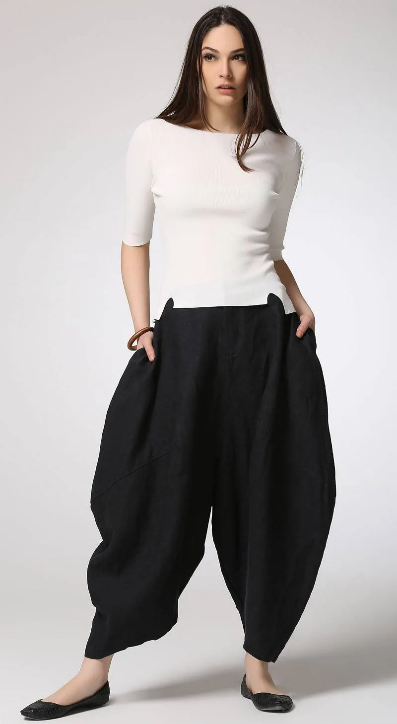 Black pants, linen pants, harem pants, plus size pants, black linen pants, pocket pants, loose pants, casual pants, linen harem pants C423