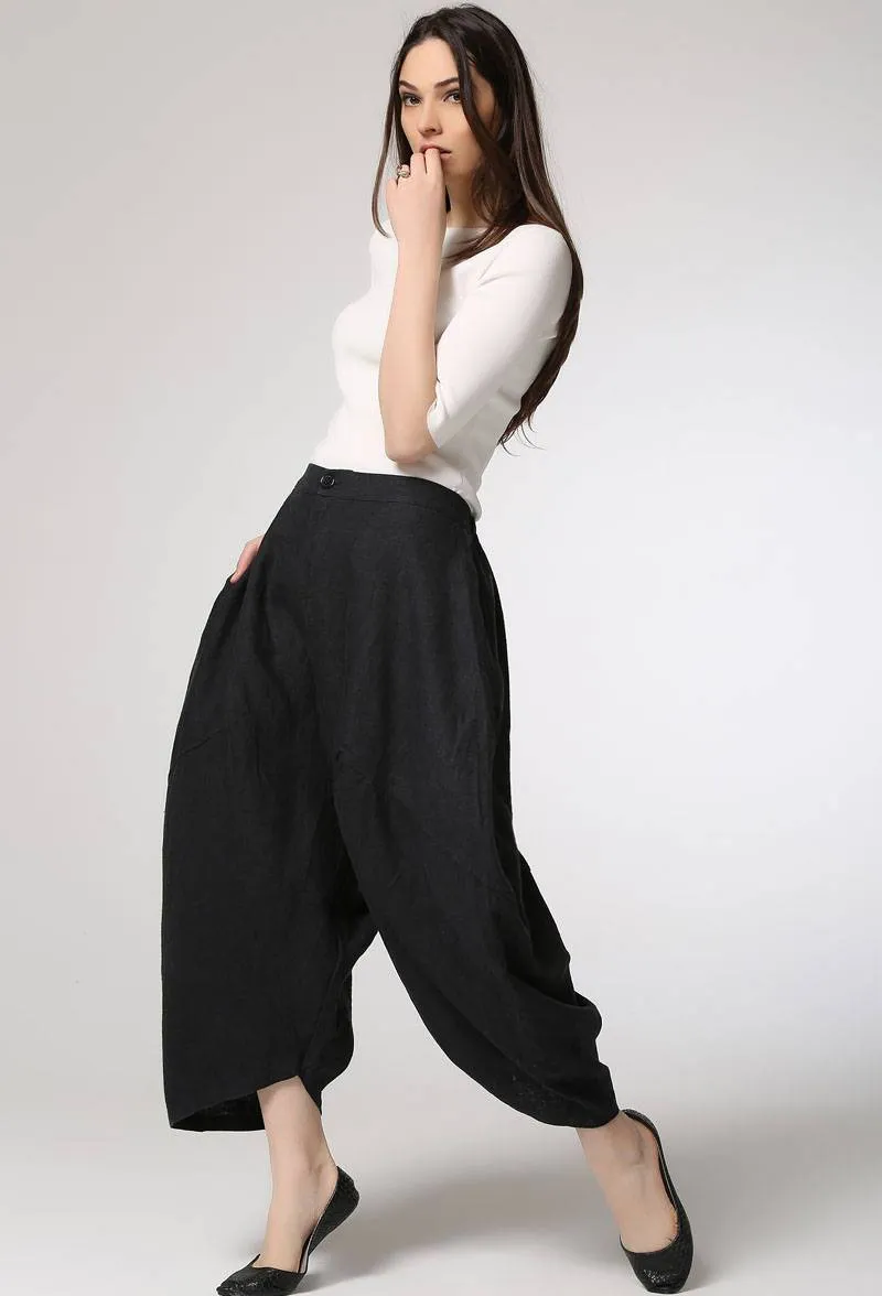 Black pants, linen pants, harem pants, plus size pants, black linen pants, pocket pants, loose pants, casual pants, linen harem pants C423