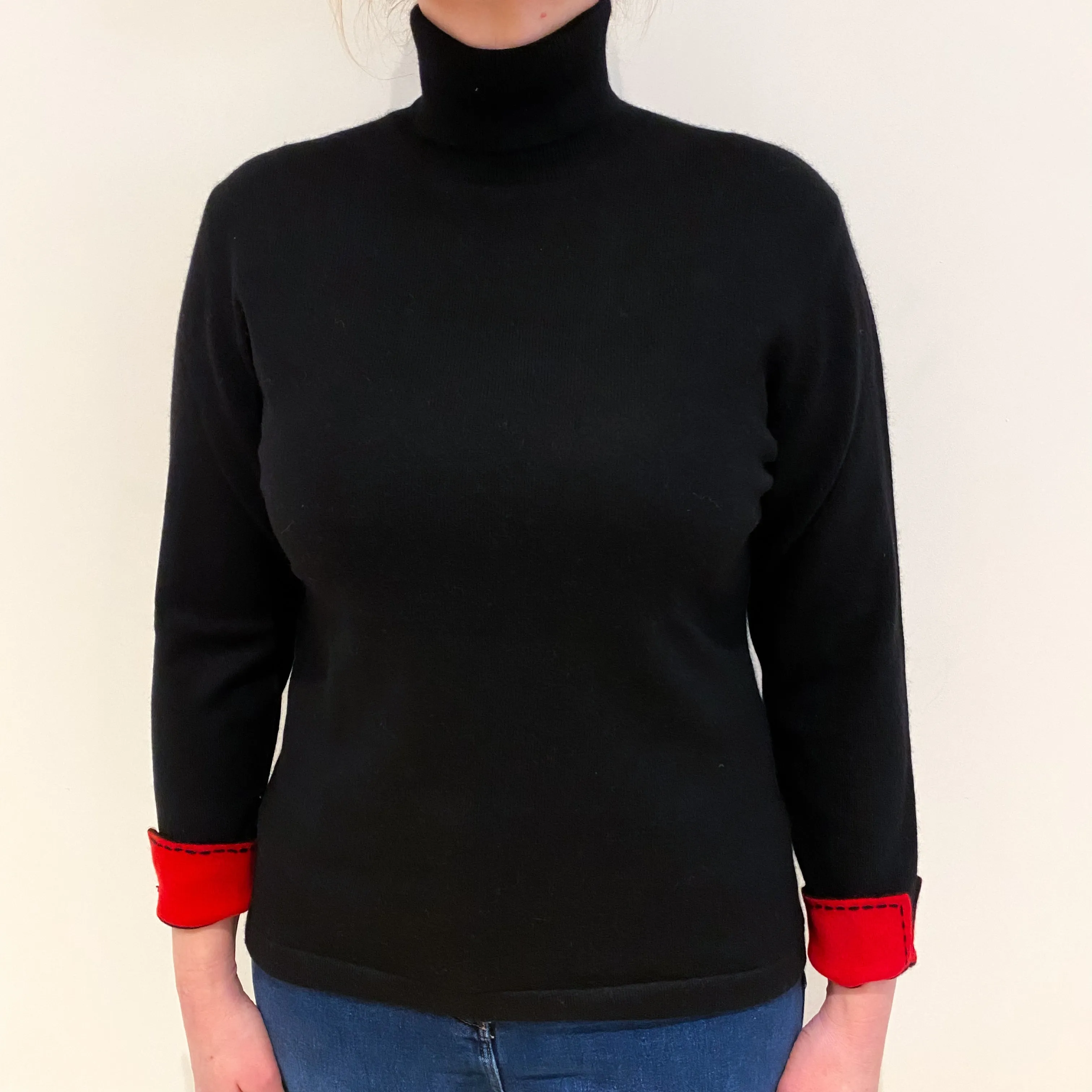 Black Red Cuff Cashmere Polo Neck Jumper Large