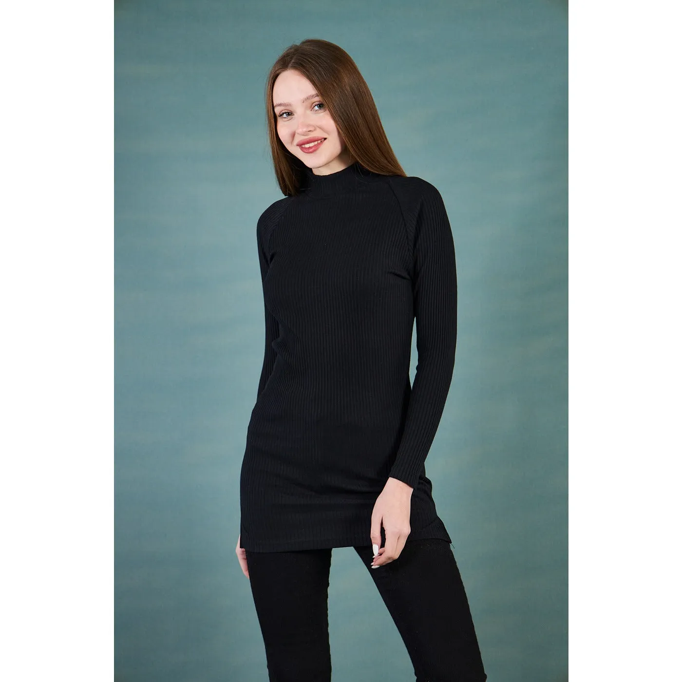 Black Ribbed Long Sweatshirt