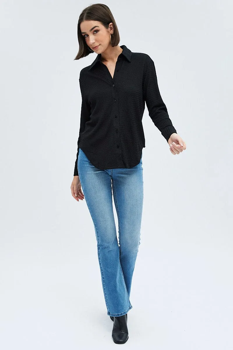 Black Shirt Long Sleeve Collared Neck Textured