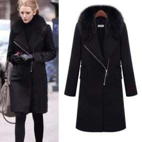 Black Slim Shearling Wool Coat