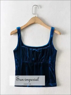 Blue Draped front Velvet Tank top Ruched front Velvet Tank