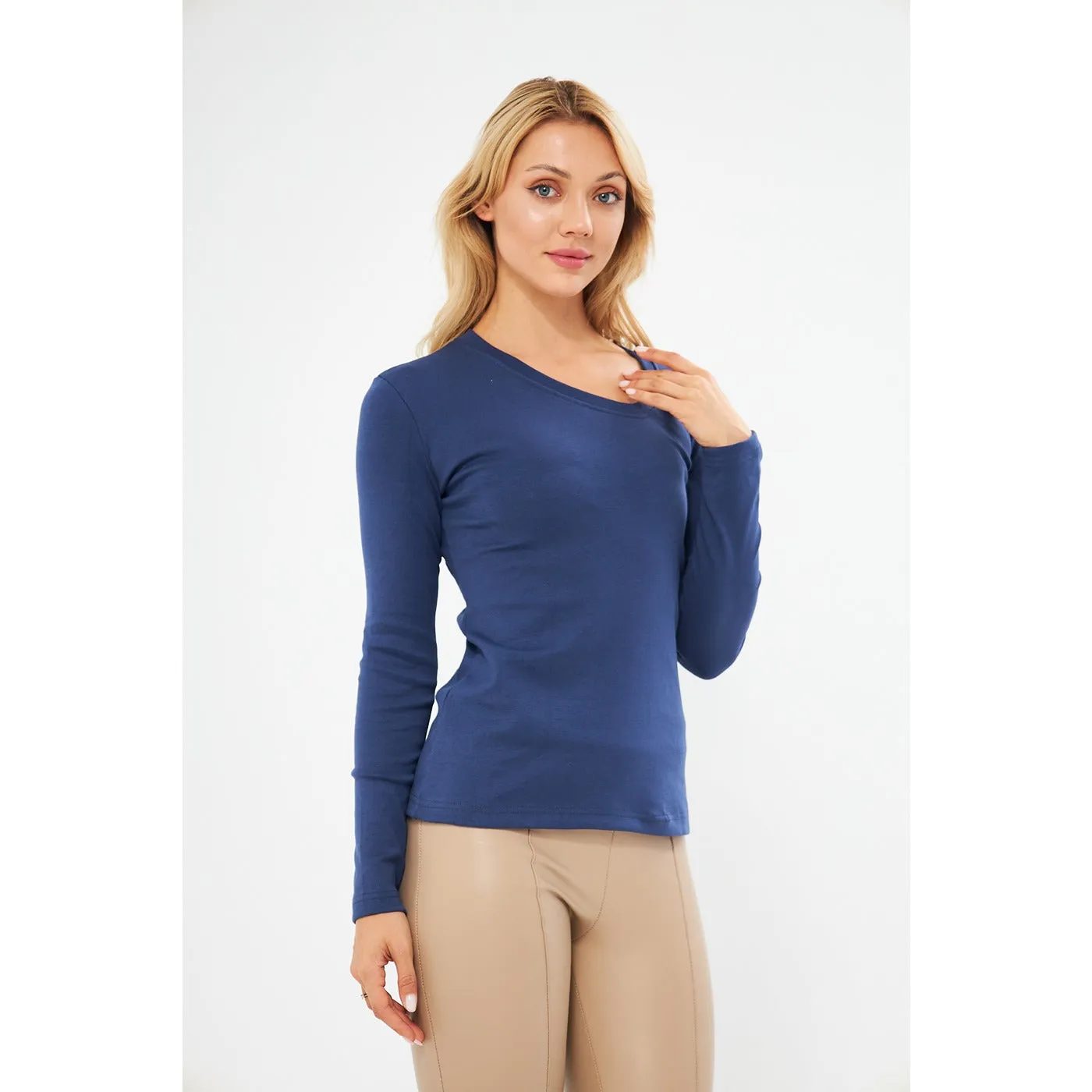 Blue Rib Cross Scoop Neck Top