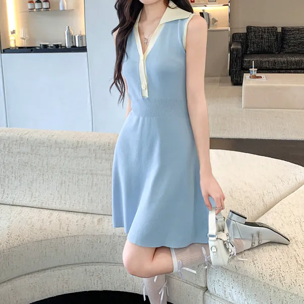 Blue Sleeveless V-Neck Lapel Knitted Dress