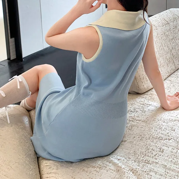 Blue Sleeveless V-Neck Lapel Knitted Dress