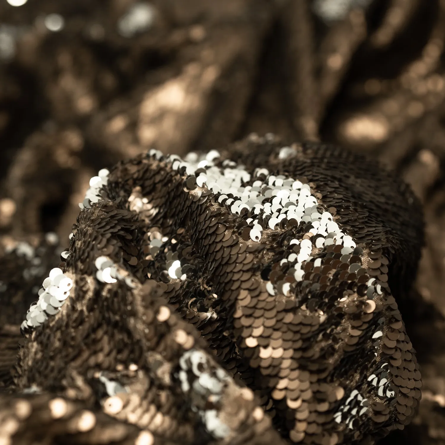 Brown and Silver Flip Sequin on Spandex Fabric | Blue Moon Fabrics