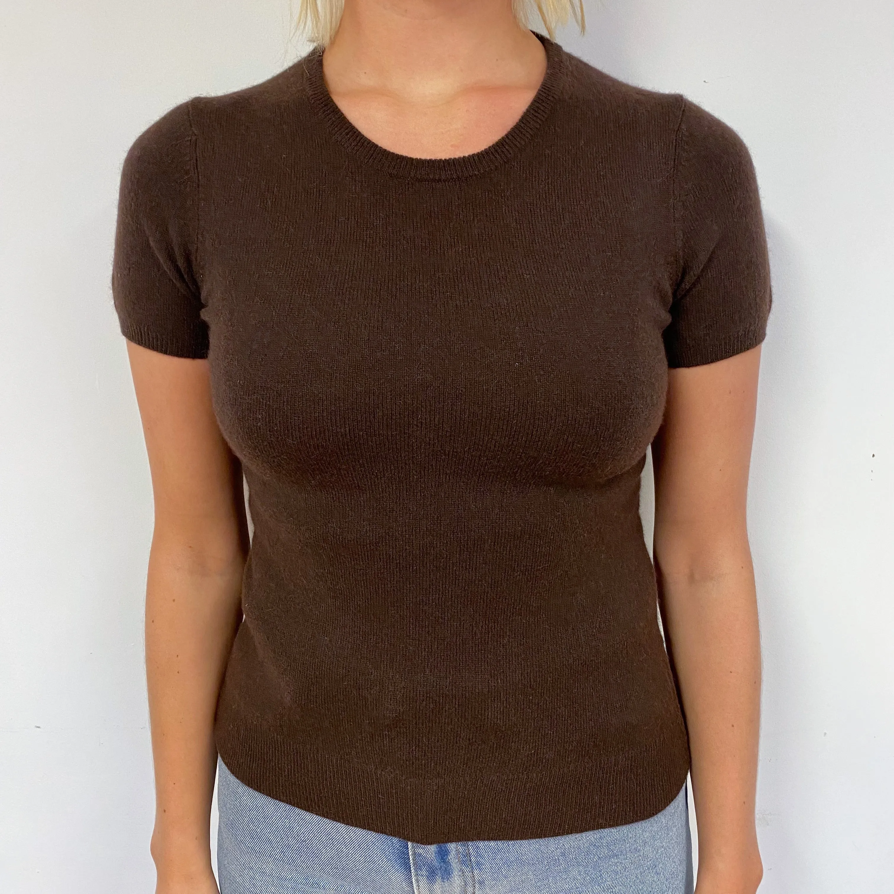 Brown Short Sleeve Cashmere Crew Neck Jumper Small