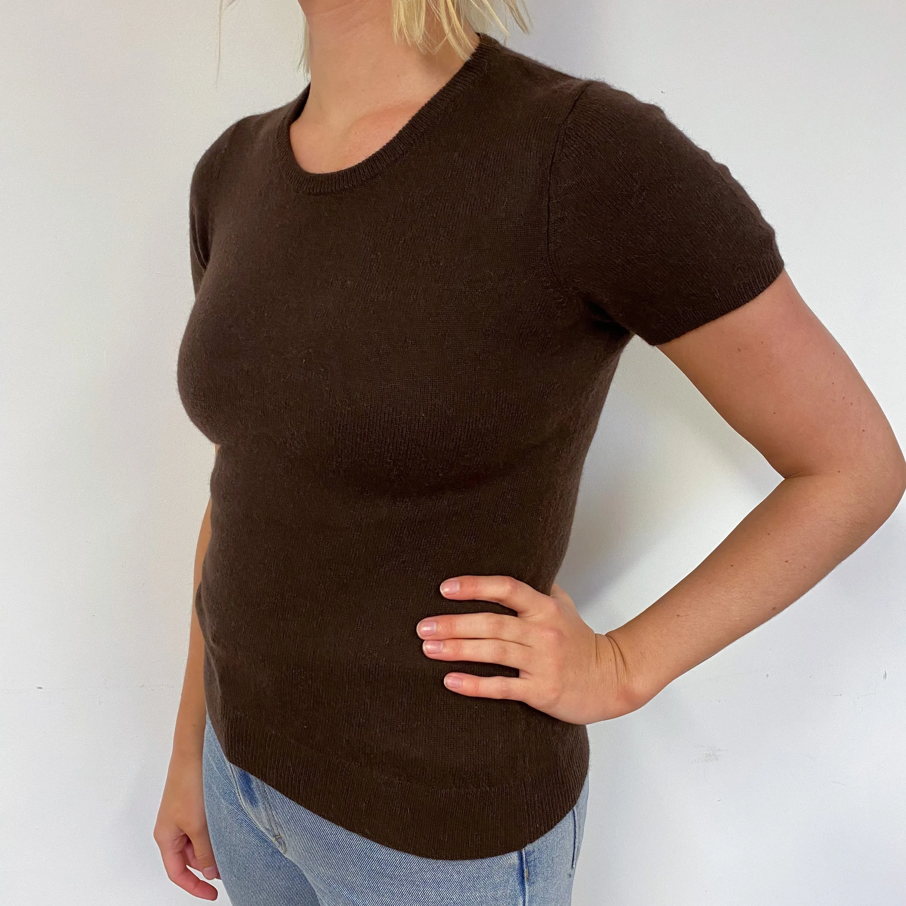 Brown Short Sleeve Cashmere Crew Neck Jumper Small