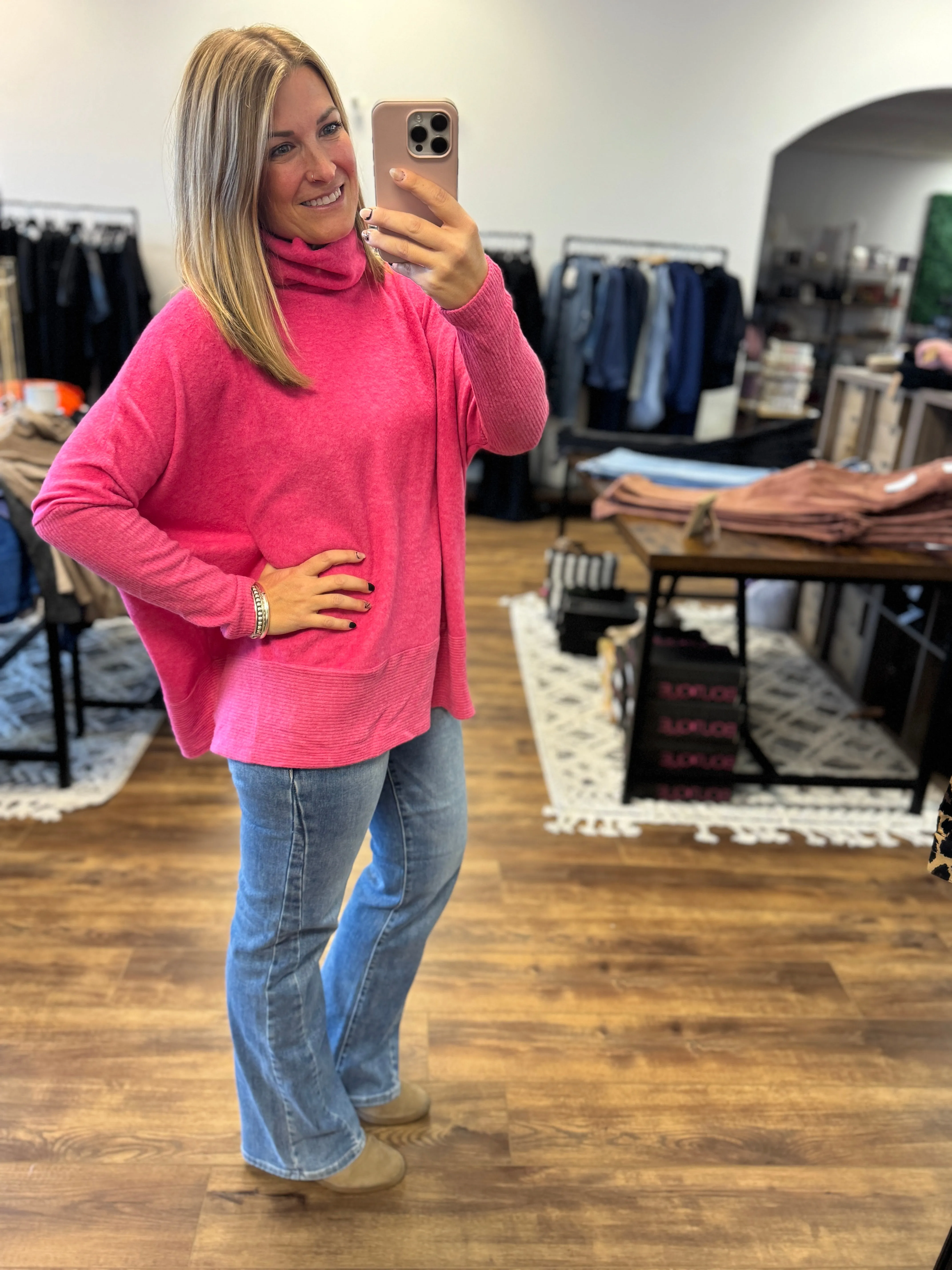 Brushed Melange Turtleneck Poncho Pullover - Fuchsia