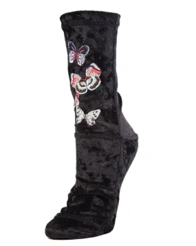 Butterfly-Embroidered Crushed Velvet Crew Socks