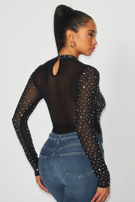 Carrie Rhinestone Sheer Mesh Long Sleeve Bodysuit