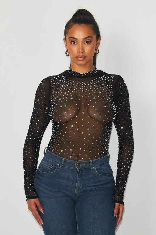 Carrie Rhinestone Sheer Mesh Long Sleeve Bodysuit