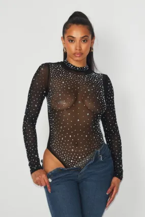 Carrie Rhinestone Sheer Mesh Long Sleeve Bodysuit