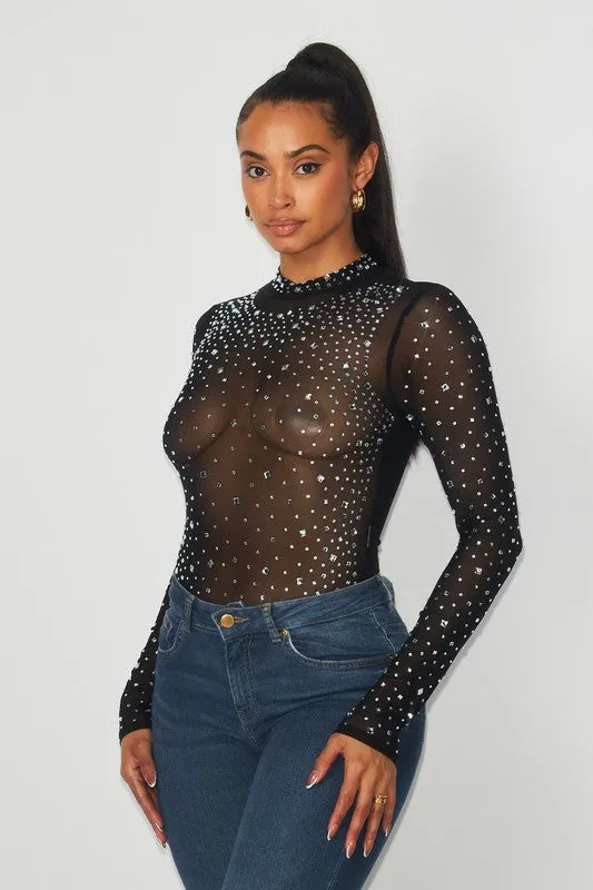 Carrie Rhinestone Sheer Mesh Long Sleeve Bodysuit