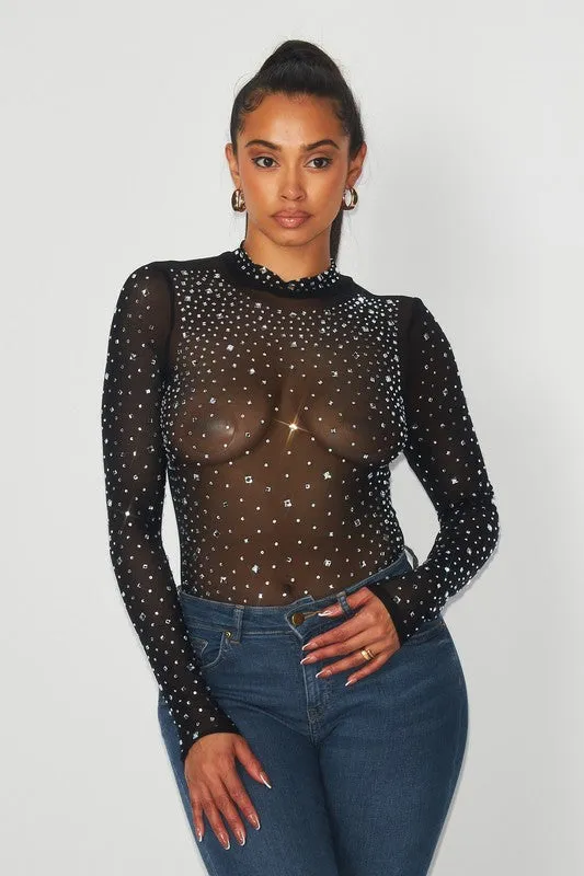 Carrie Rhinestone Sheer Mesh Long Sleeve Bodysuit