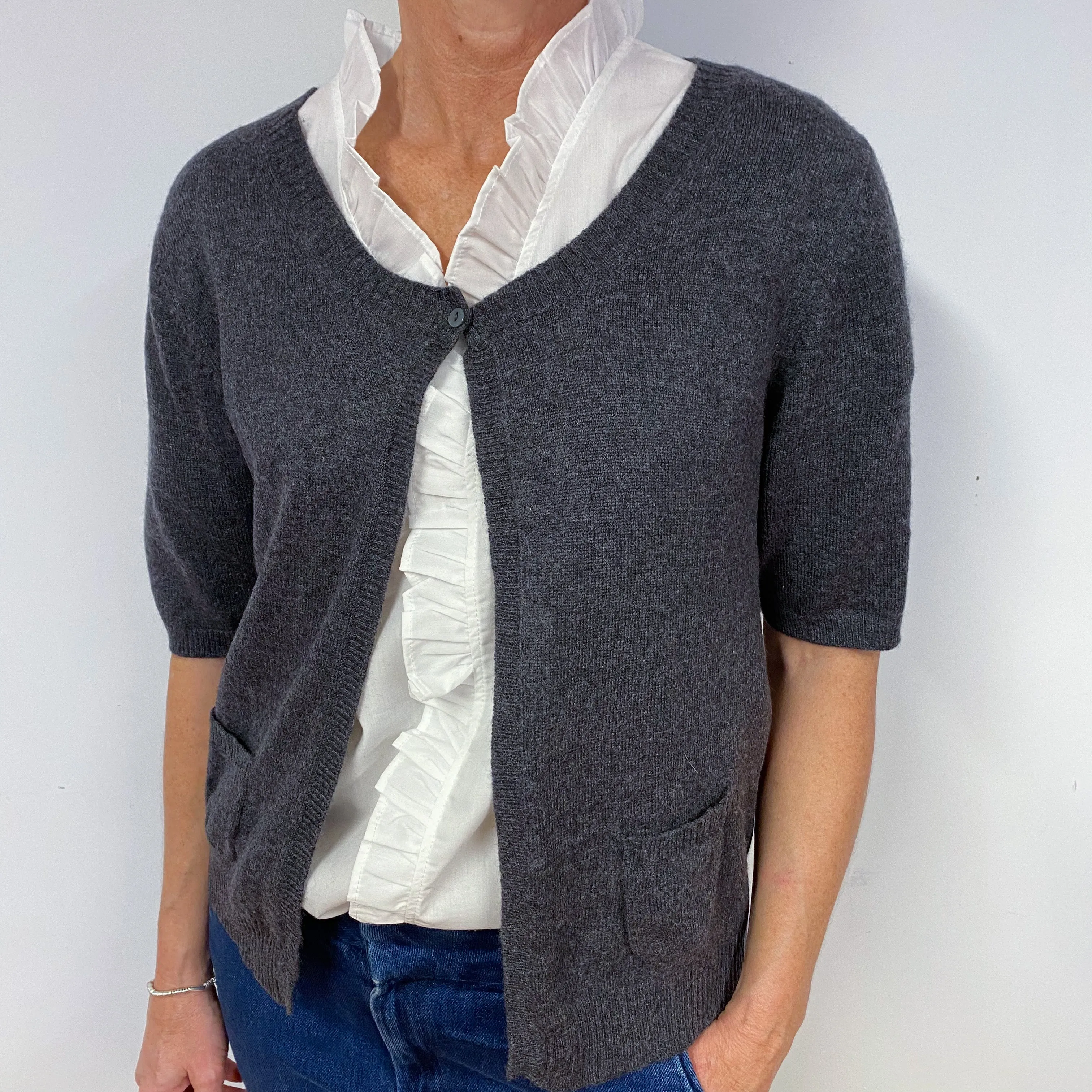 Charcoal Grey Cashmere Short Sleeved Cardigan Medium