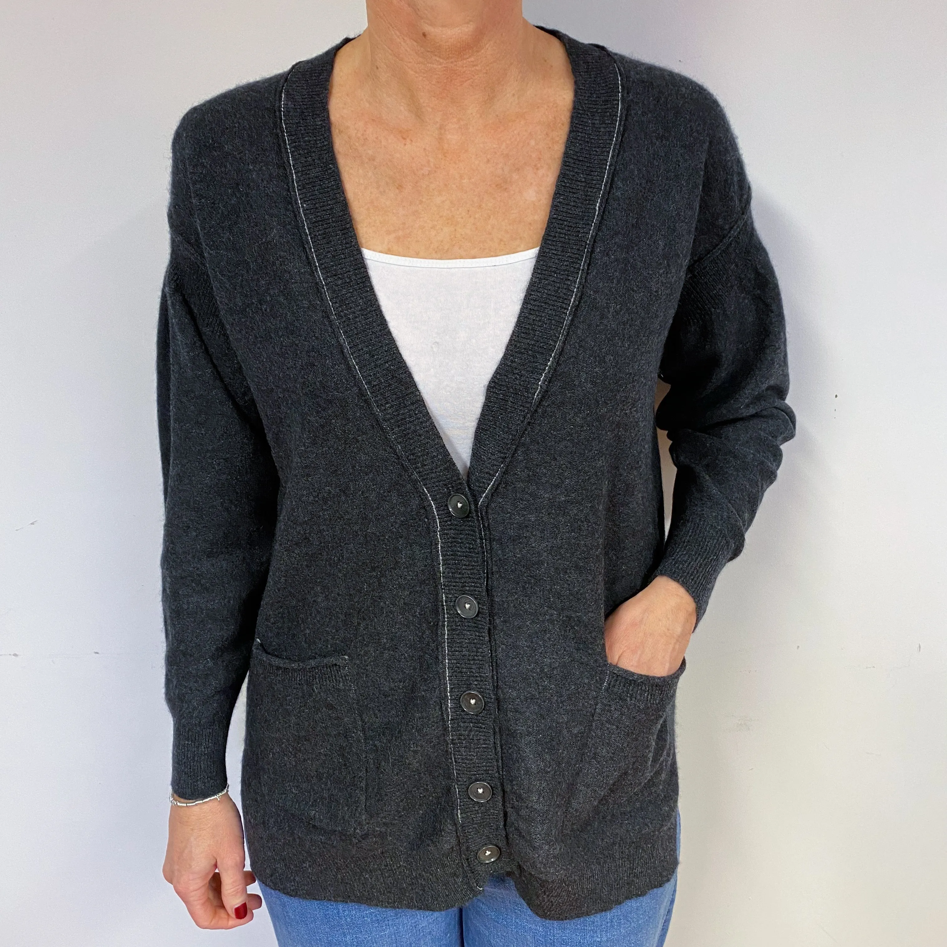 Charcoal Grey Cashmere V-Neck Cardigan Medium