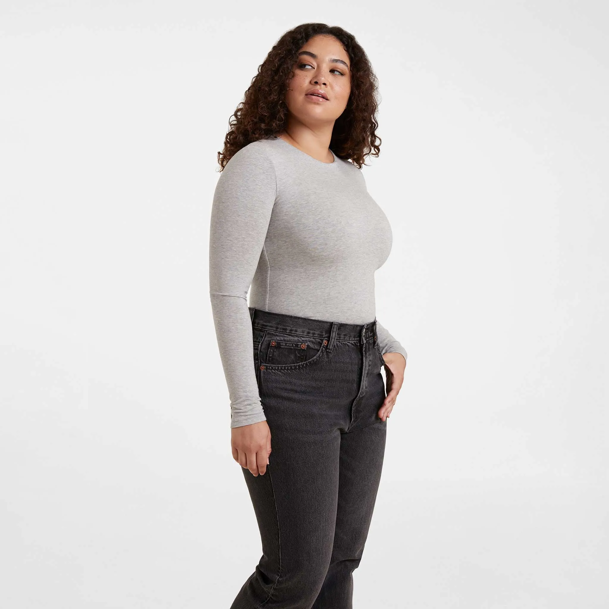 Cotton Stretch Long Sleeve Crewneck Bodysuit | Heather Grey