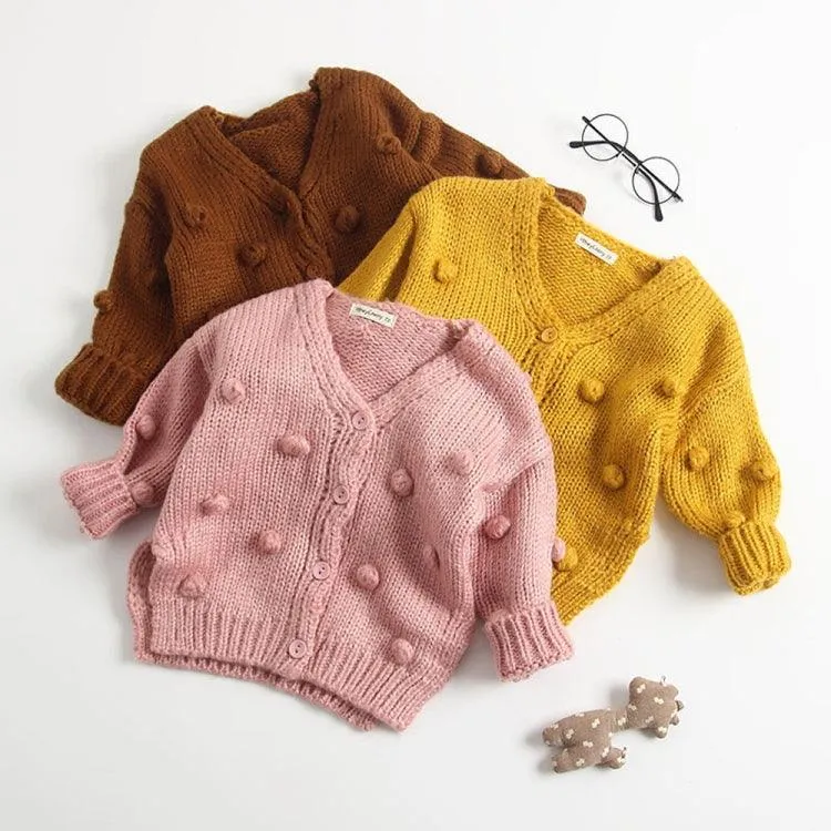 Cozy Knitted Cardigan Coat with Hair Ball Accents for Baby Girls - Autumn/Winter Fashion