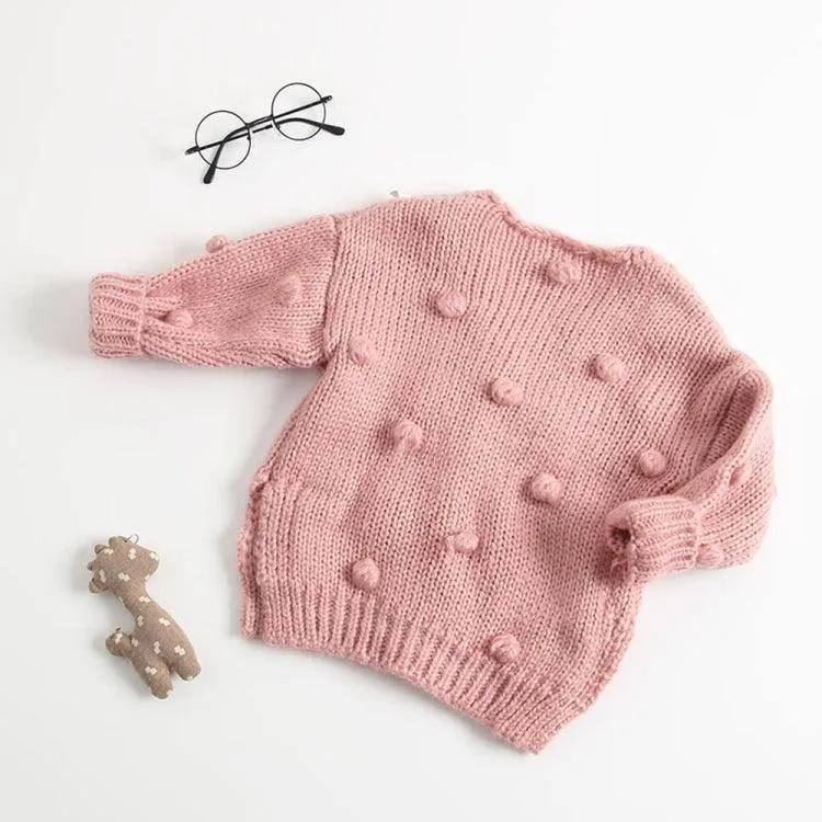 Cozy Knitted Cardigan Coat with Hair Ball Accents for Baby Girls - Autumn/Winter Fashion