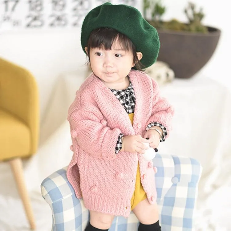 Cozy Knitted Cardigan Coat with Hair Ball Accents for Baby Girls - Autumn/Winter Fashion