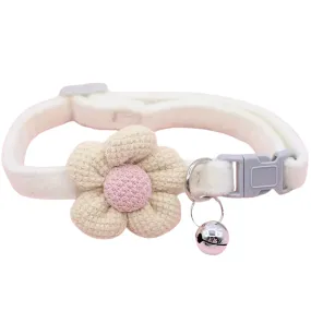 Cozy Velvet Cat Collar with Knitted Flower & Bell - White