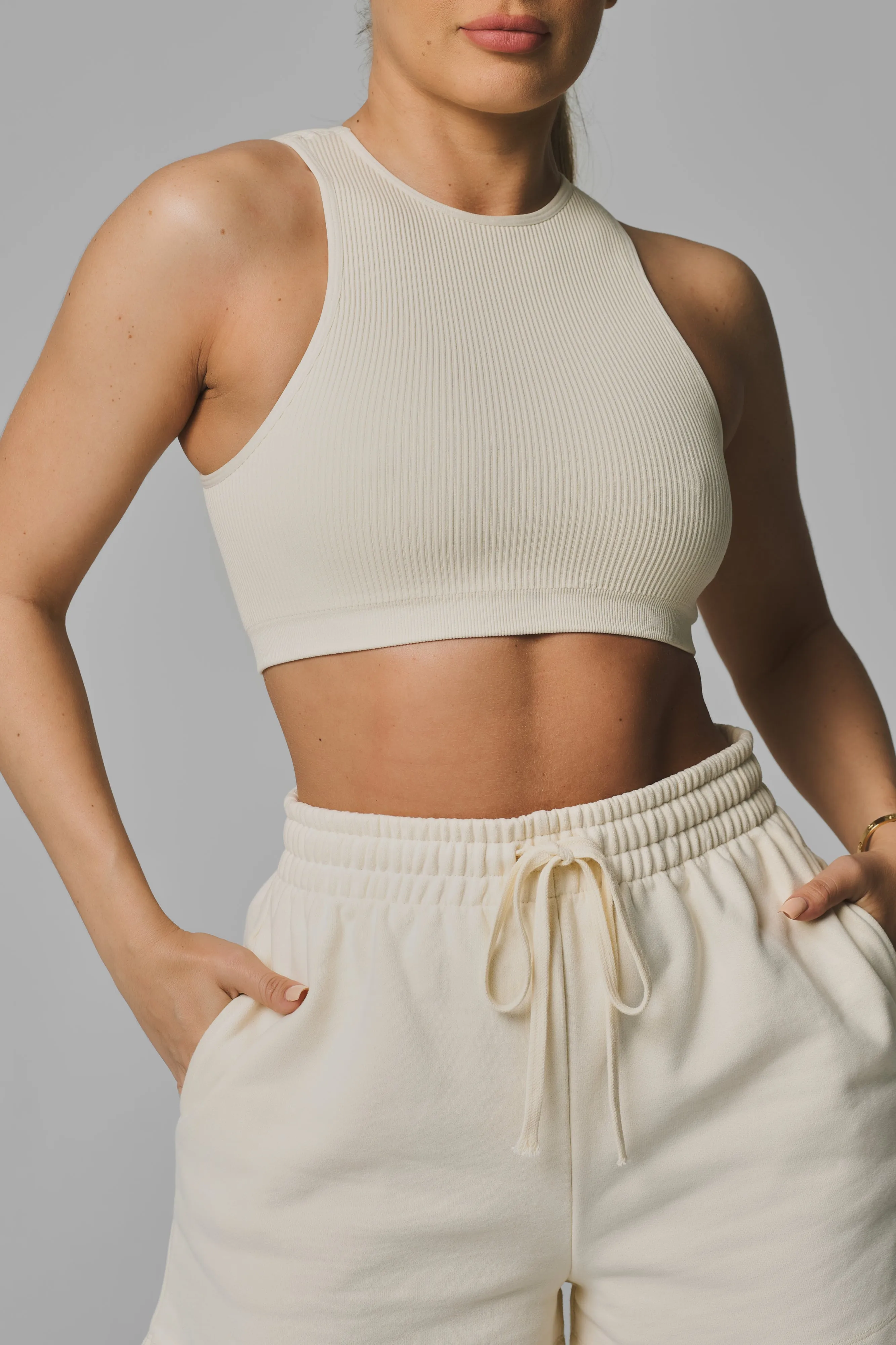 Cream Seamless Ribbed High Neck Crop Top