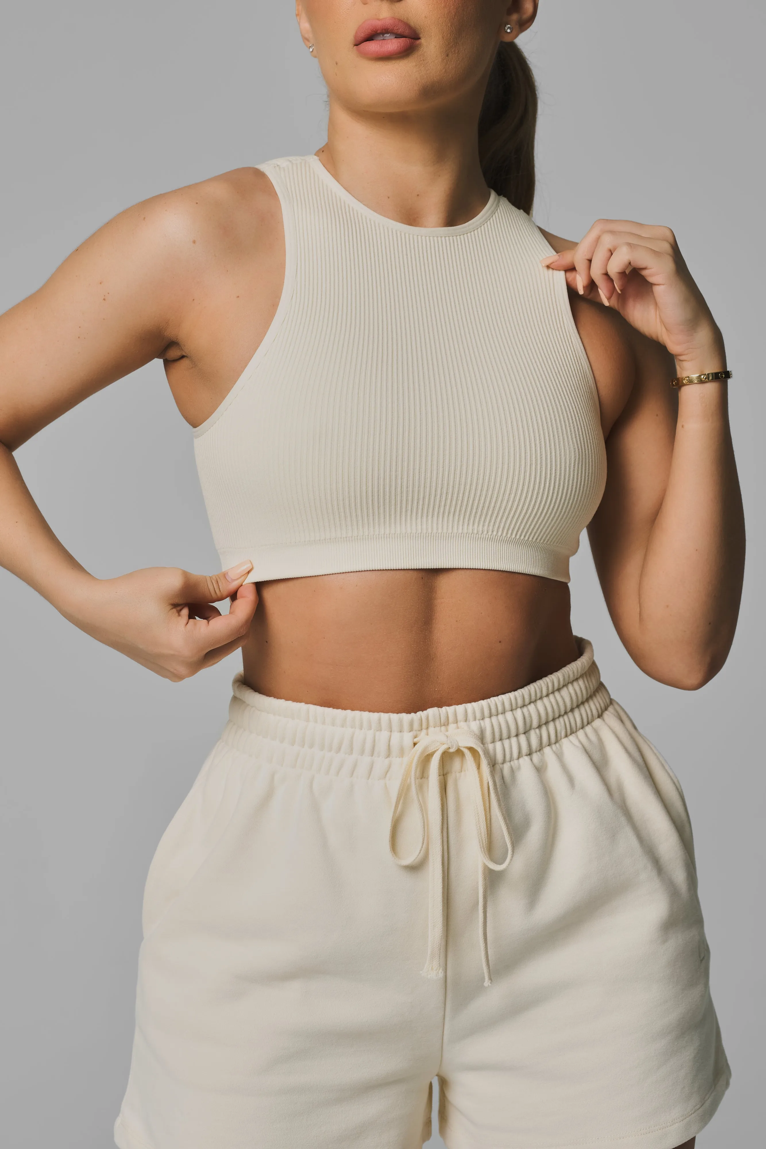 Cream Seamless Ribbed High Neck Crop Top