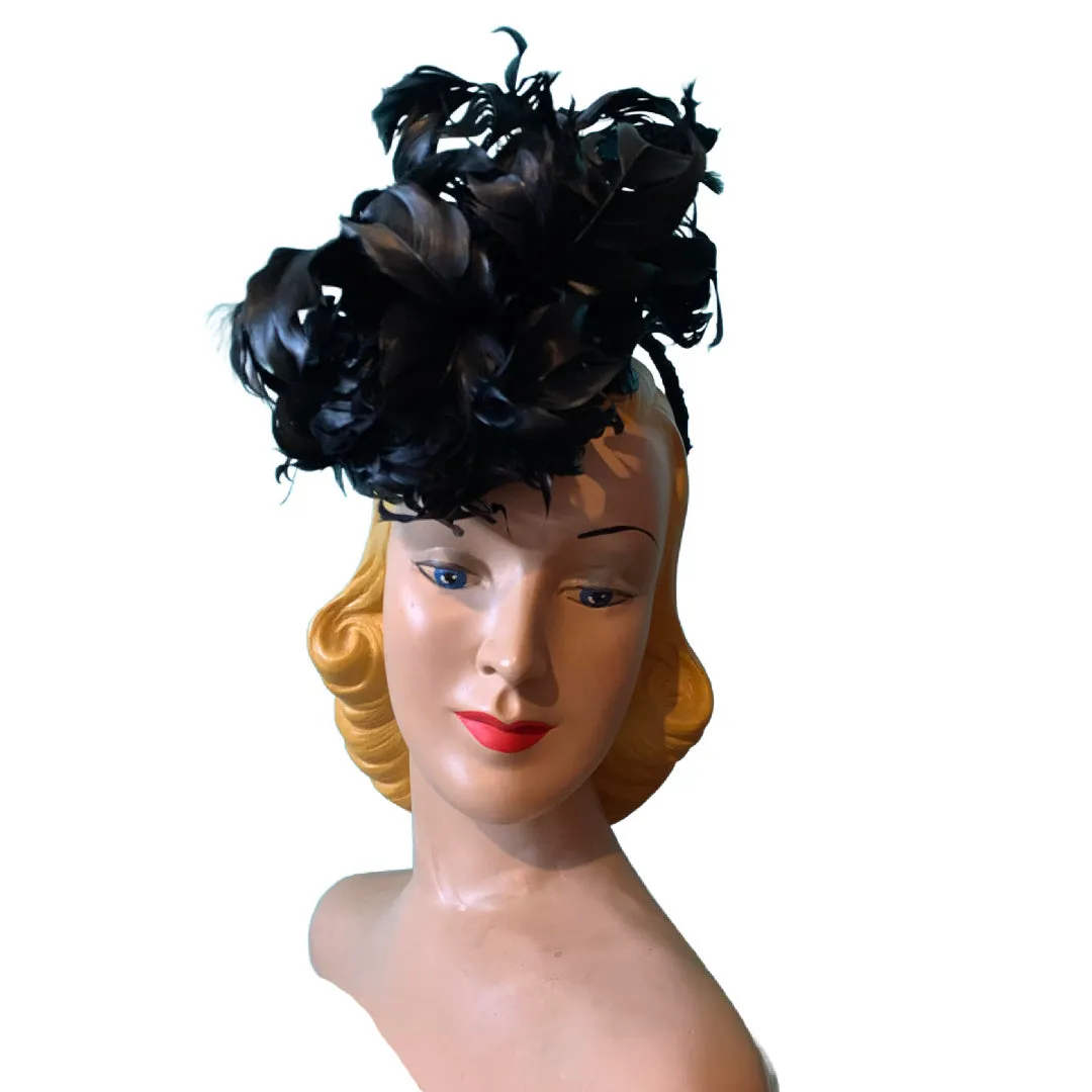 Curled Coq Feather Topped Ring Back Tilt Hat circa 1890s