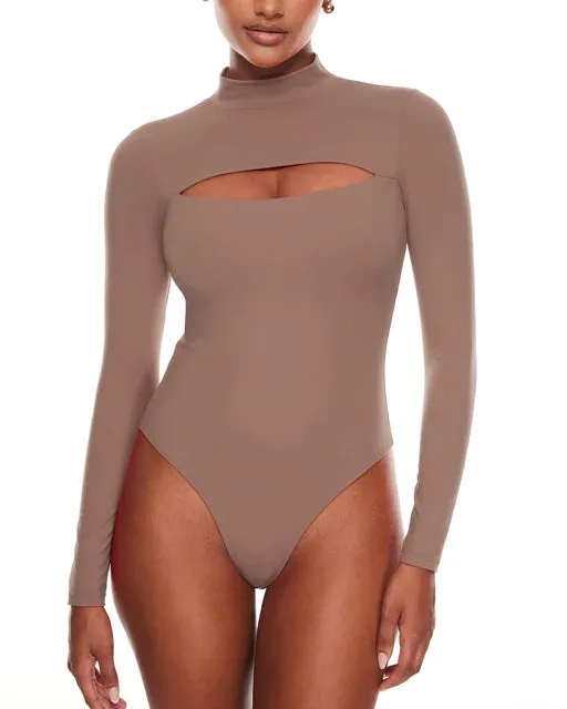 Cut Out Bodysuit Long Sleeve Mock Turtleneck One Piece Tops Double lined