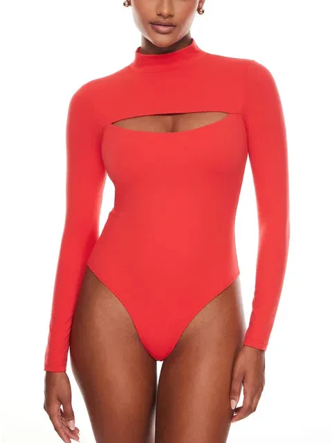 Cut Out Bodysuit Long Sleeve Mock Turtleneck One Piece Tops Double lined