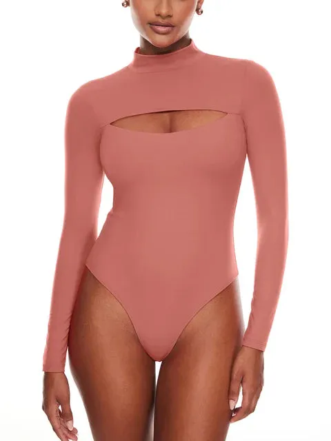 Cut Out Bodysuit Long Sleeve Mock Turtleneck One Piece Tops Double lined