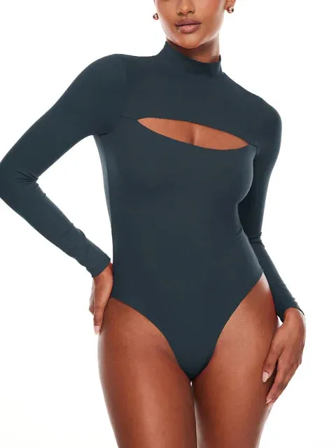 Cut Out Bodysuit Long Sleeve Mock Turtleneck One Piece Tops Double lined