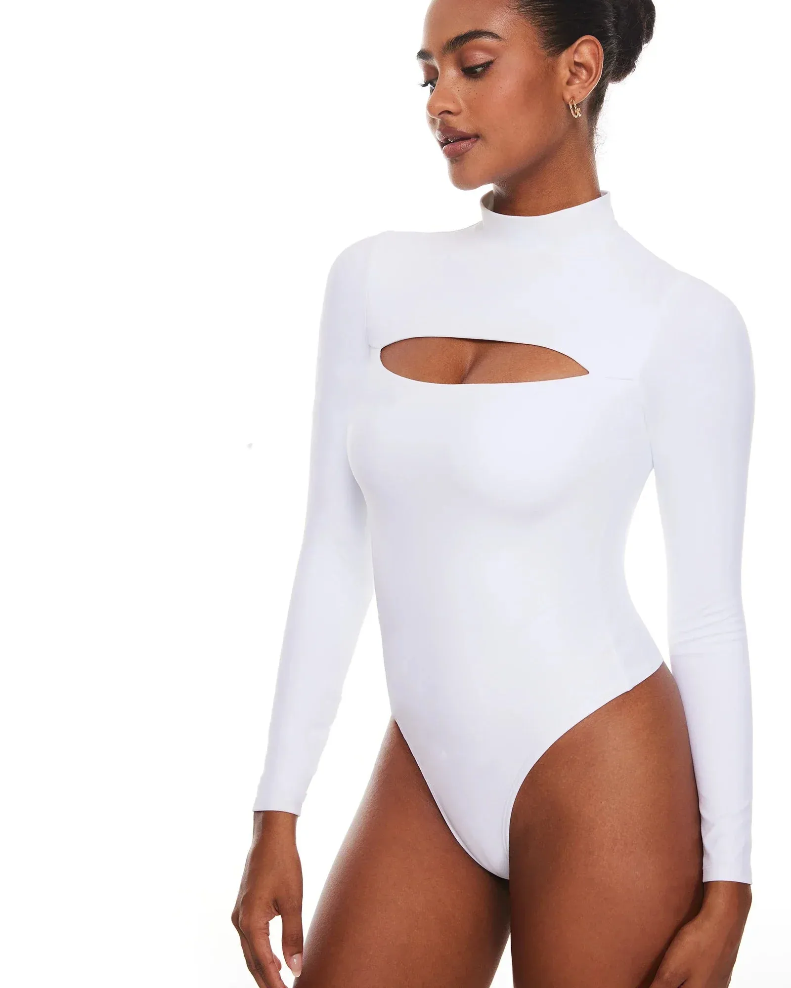 Cut Out Bodysuit Long Sleeve Mock Turtleneck One Piece Tops Double lined