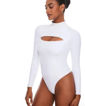 Cut Out Bodysuit Long Sleeve Mock Turtleneck One Piece Tops Double lined