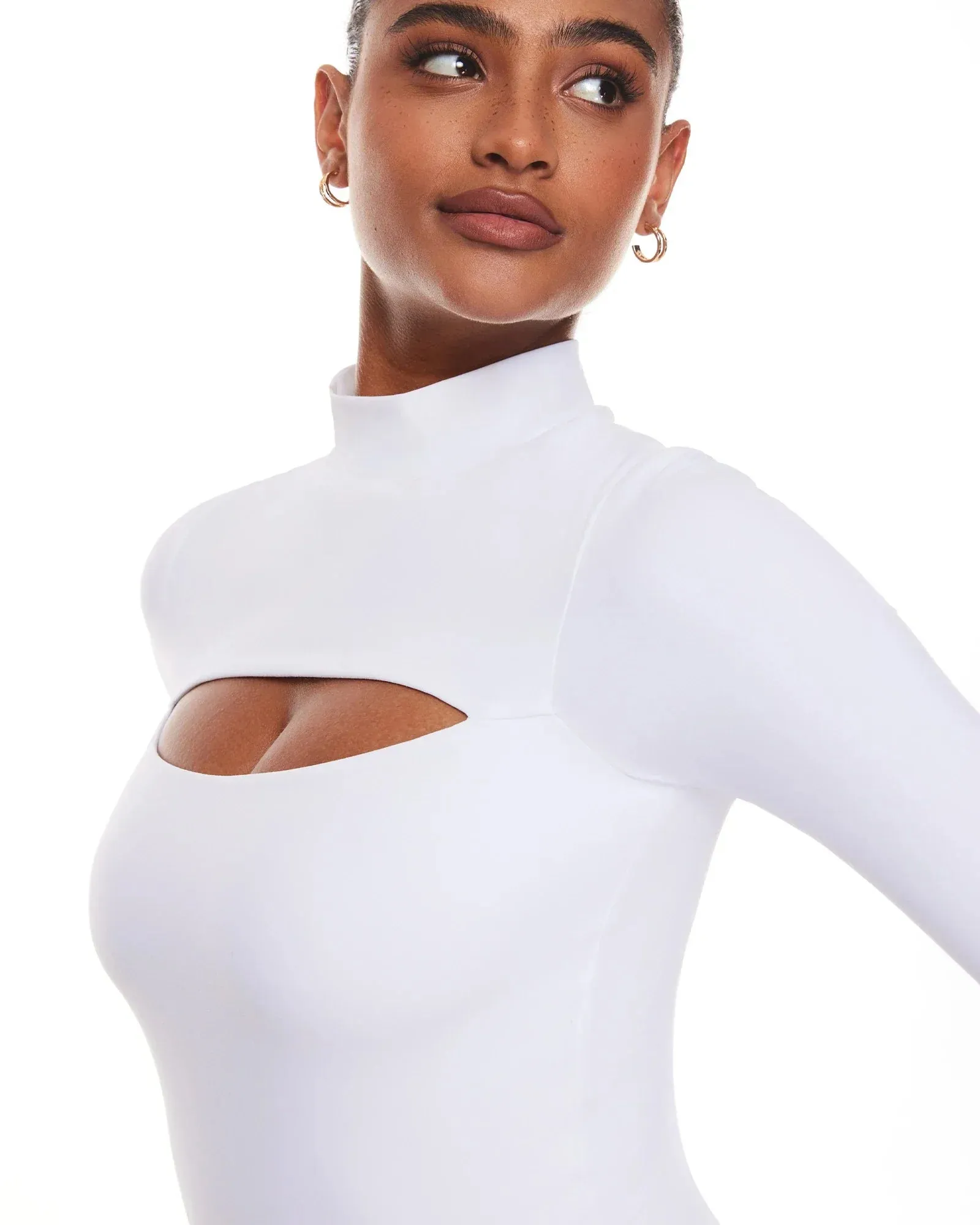 Cut Out Bodysuit Long Sleeve Mock Turtleneck One Piece Tops Double lined