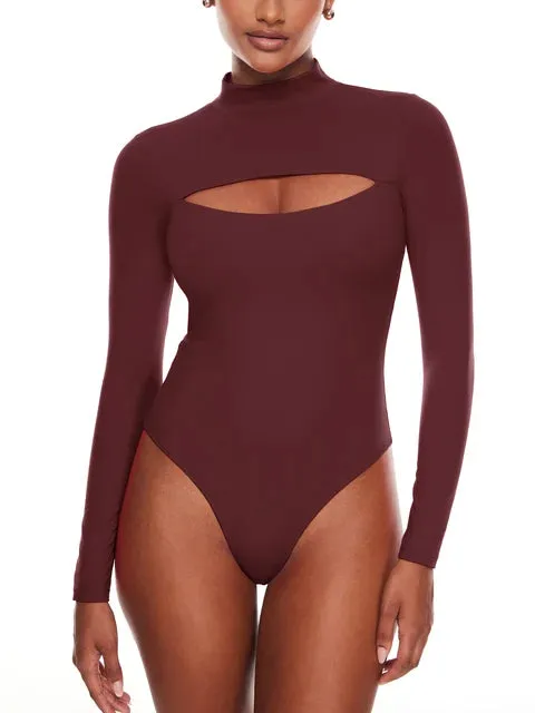 Cut Out Bodysuit Long Sleeve Mock Turtleneck One Piece Tops Double lined