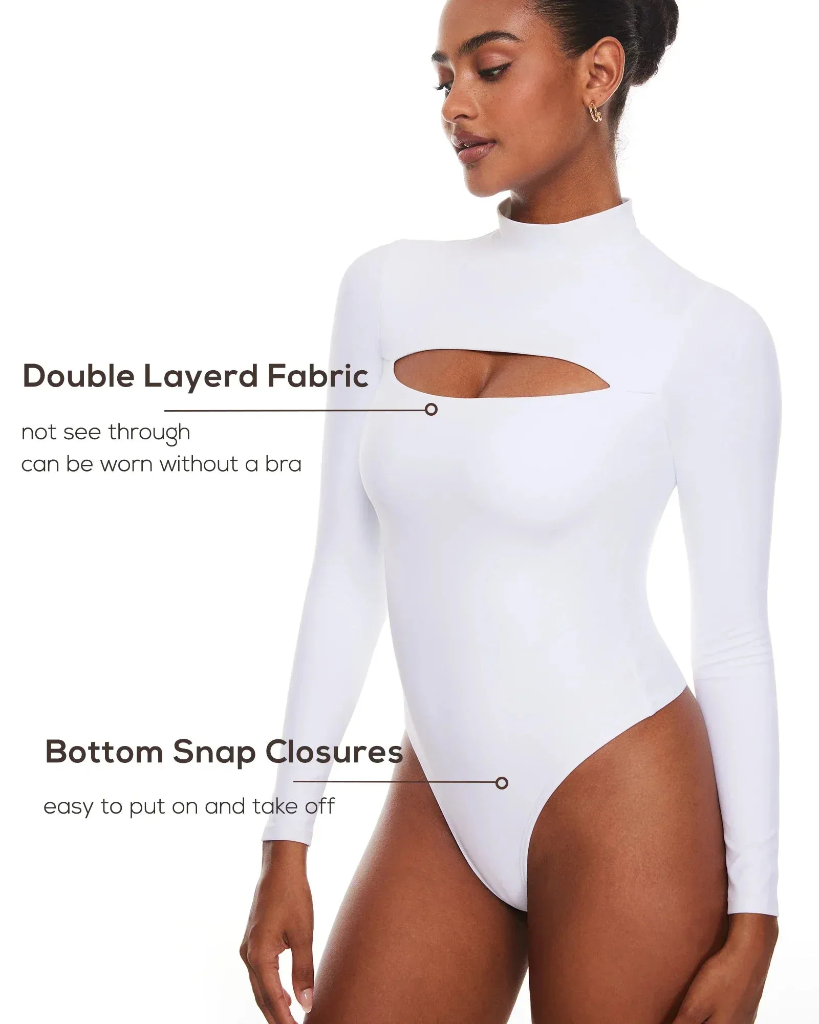 Cut Out Bodysuit Long Sleeve Mock Turtleneck One Piece Tops Double lined