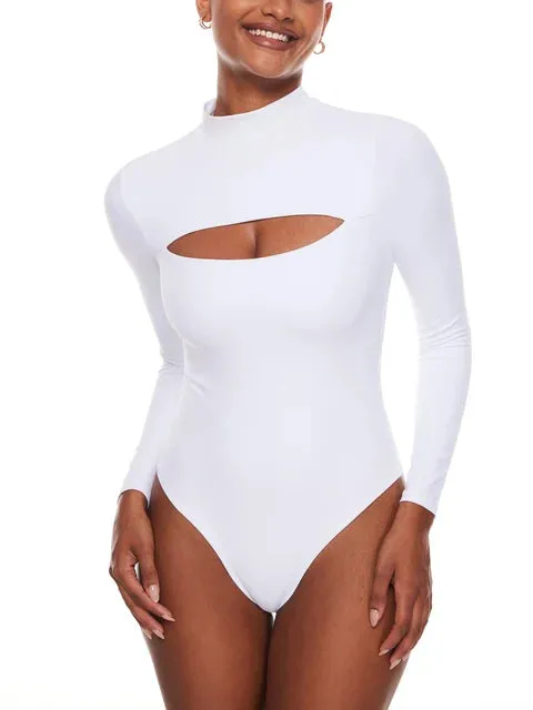 Cut Out Bodysuit Long Sleeve Mock Turtleneck One Piece Tops Double lined