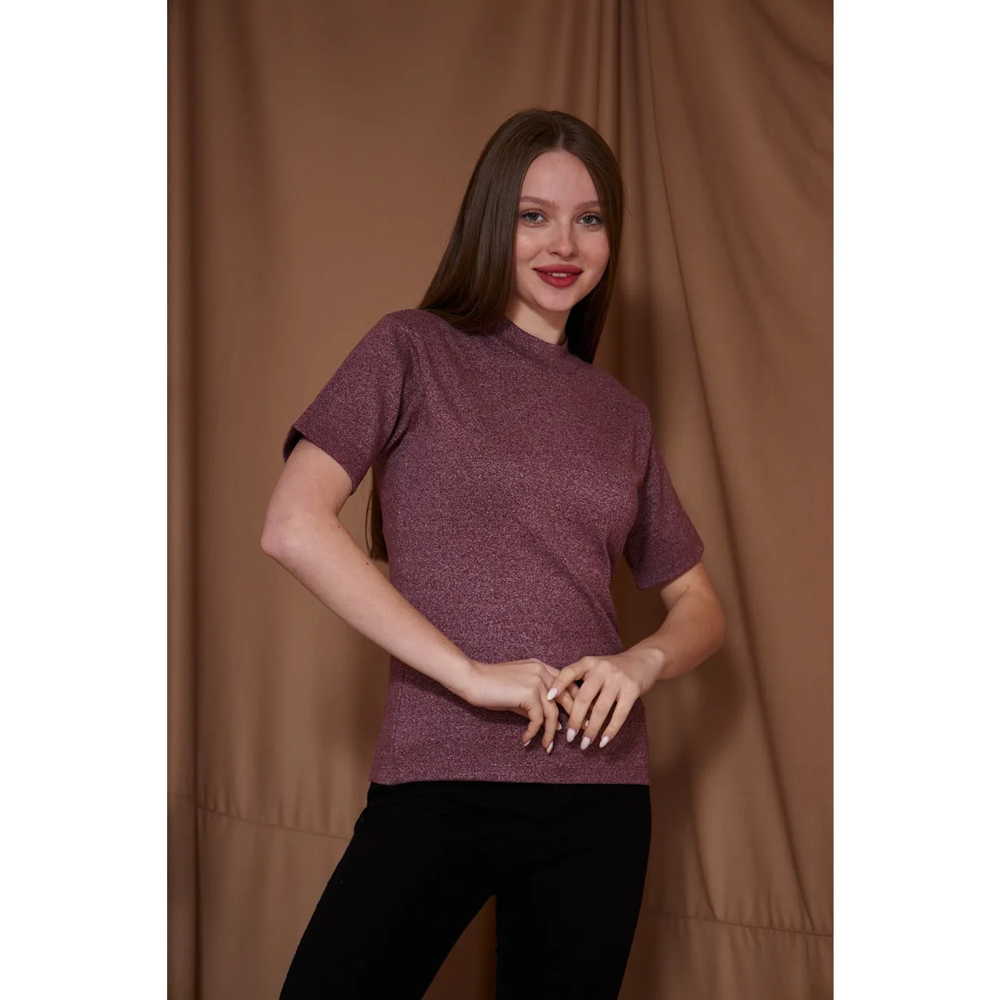 Dark Pink Melange Mock Neck Half Sleeves