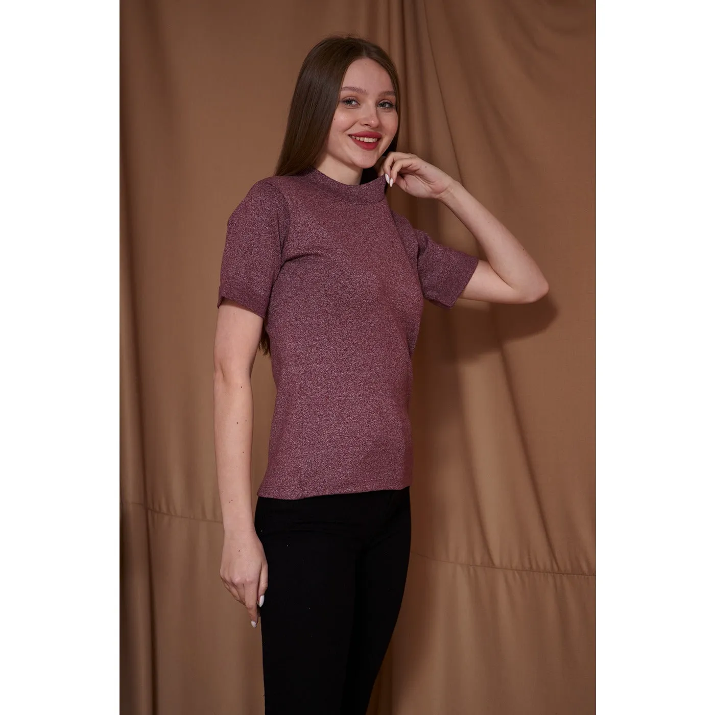 Dark Pink Melange Mock Neck Half Sleeves