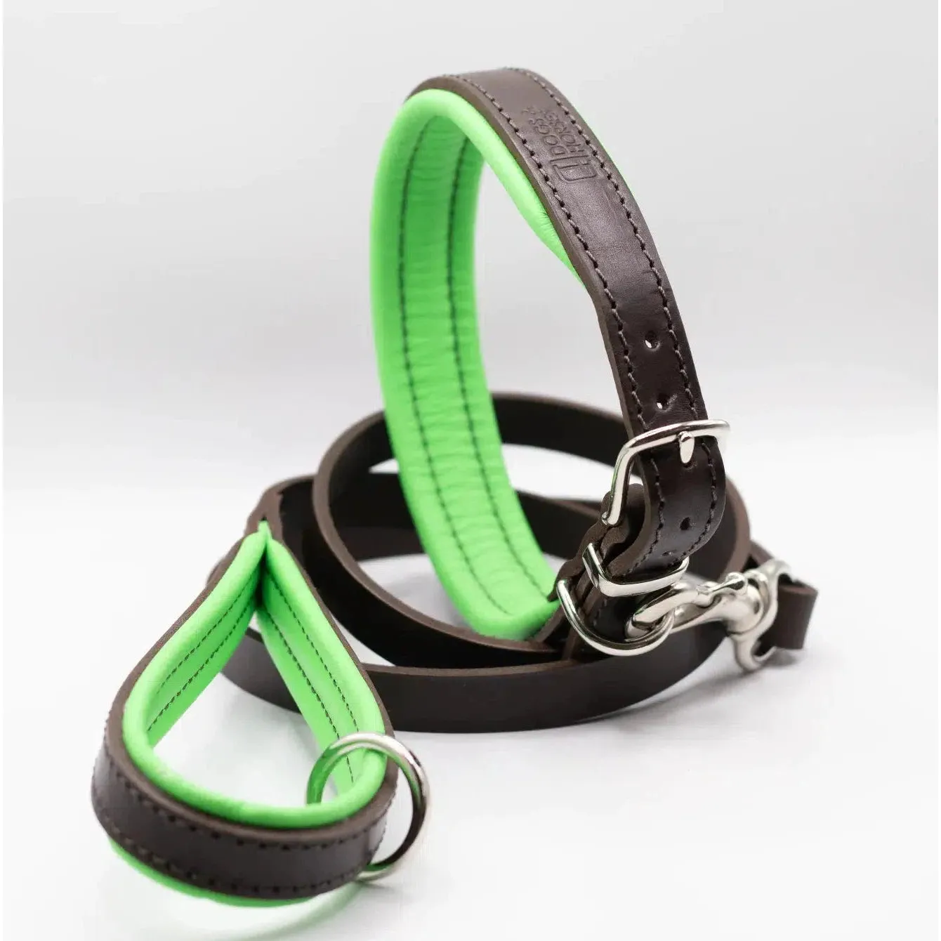 Dogs & Horses Padded Leather Dog Collar -  Green & Brown