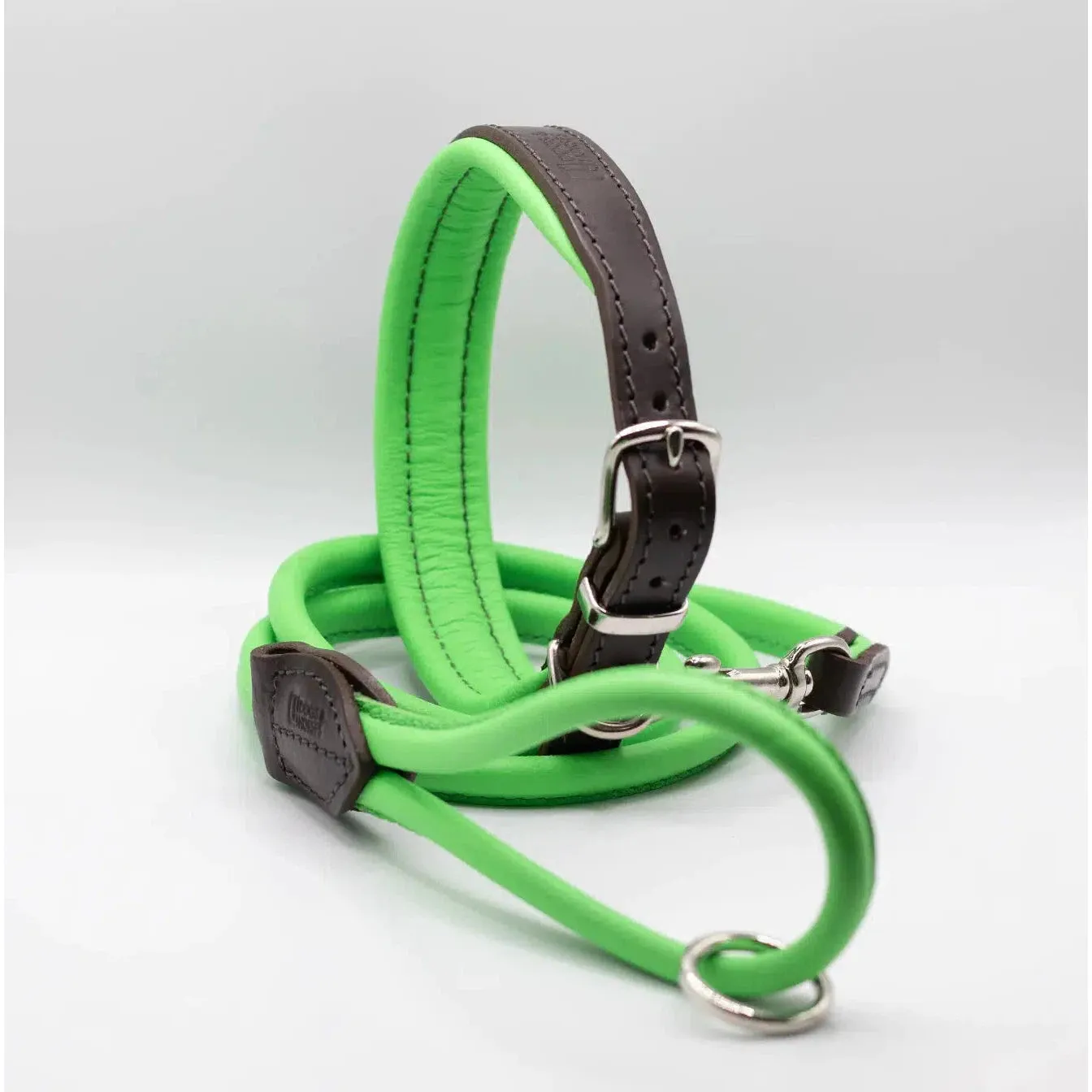 Dogs & Horses Padded Leather Dog Collar -  Green & Brown